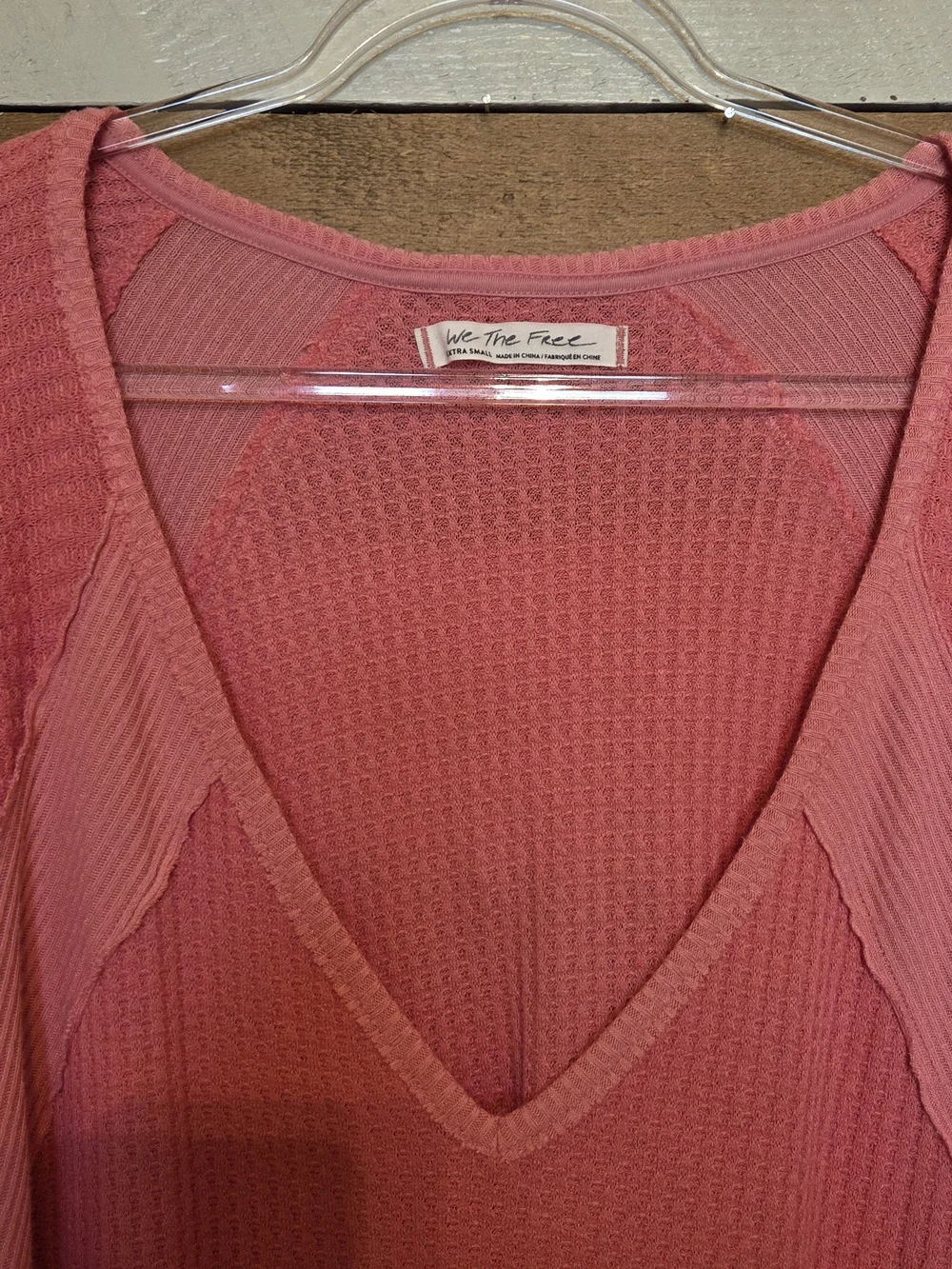 Free People Pink Ribbed V-Neck Long Sleeve Top